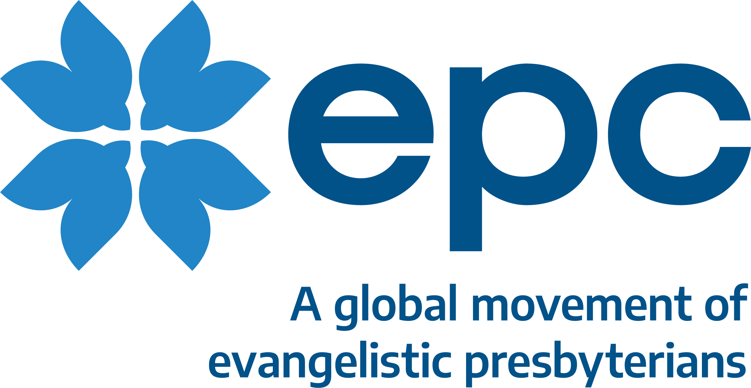 A four-petal flower in blue. EPC: a global movement of evangelistic presbyterians